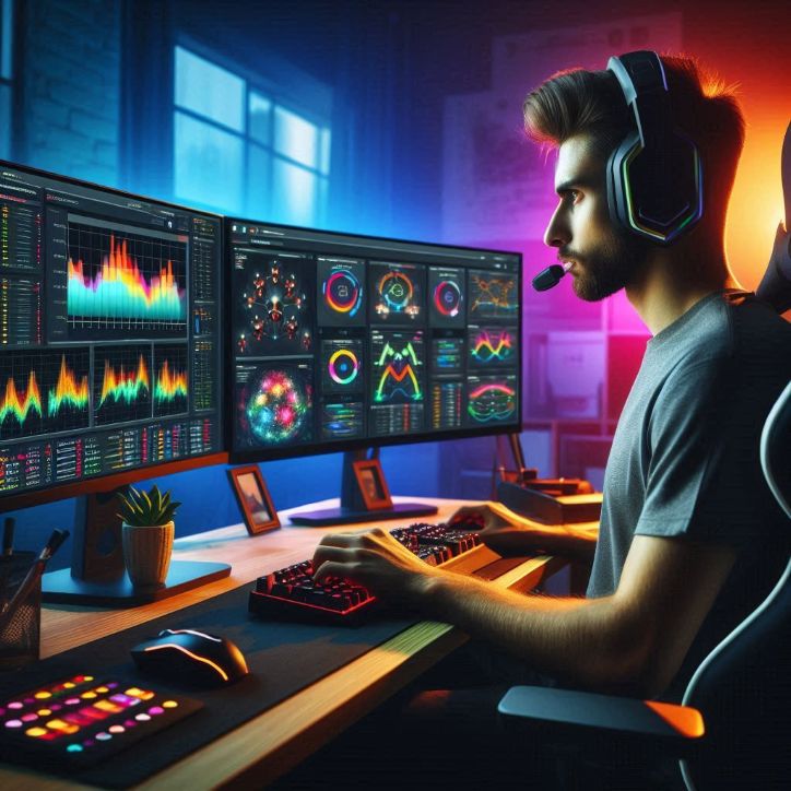 player reviewing performance analytics on a dual-monitor setup